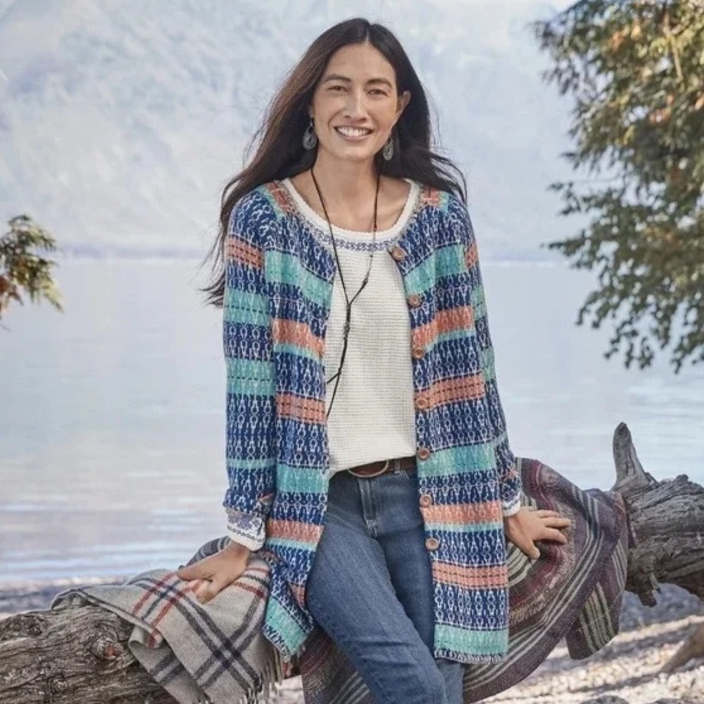 Sundance Shoreline Cardigan Longline Wood Button Cotton Merino Wool Blend Small
